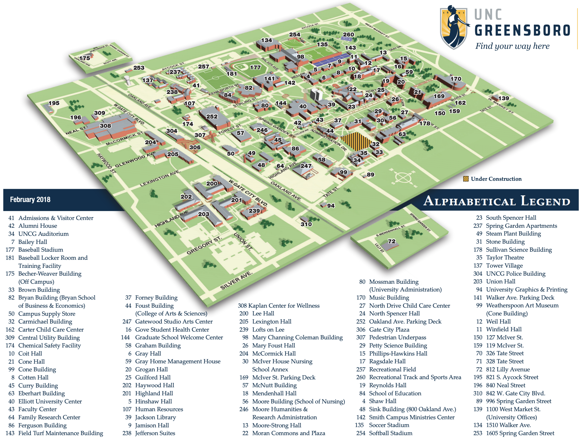 Map of UNCG Campus. Accessible version available at https://www.uncg.edu/online-map/printable/UNCGCampusMapAlpha.pdf